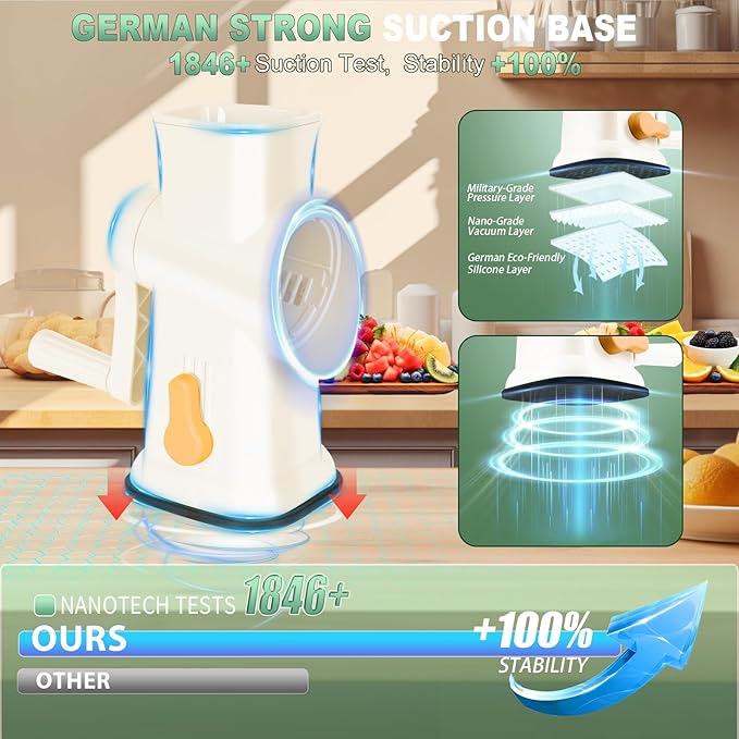 2025 Upgrade 6-In-1 Cheese Grater【 Military-Grade SUS304 Blade - 3S Fast Cut】【SGS Certification - German Nano Strong Suction Base】Cheese Grater Hand Crank Suitable for Home Use(White)
