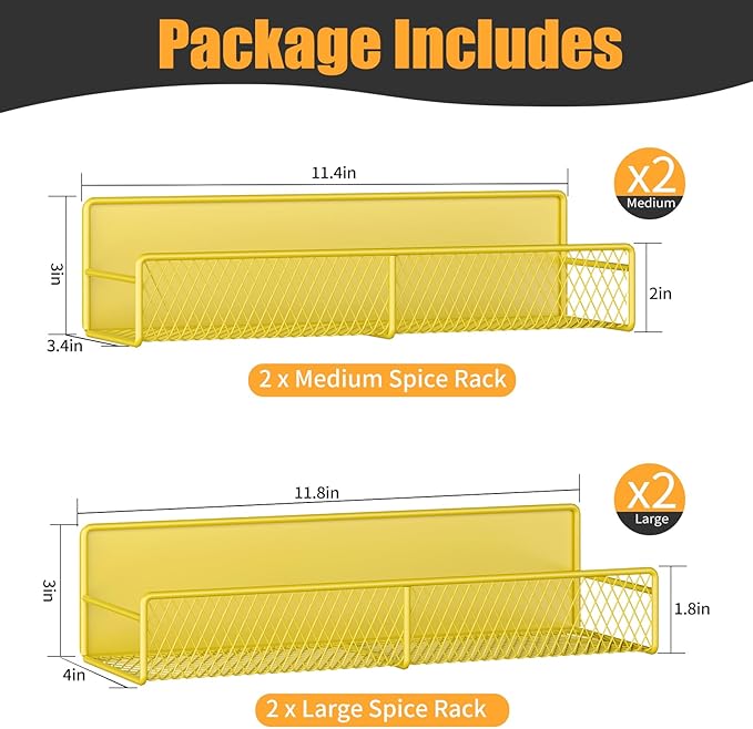 Magnetic Spice Rack for Refrigerator, 4 Pack 100% Metal Strong Magnet Fridge Shelves, Space Saving Spice Organizer, No Drilling Moveable Home Kitchen Laundry Room Storage Organization, Yellow
