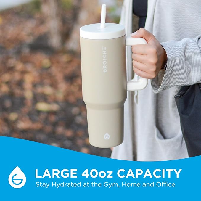 GROSCHE ASPEN 40 oz tumbler with handle and straw. Extreme insulation, classy design, built to last insulated stainless steel tumbler with handle, lid and straw - Sand Beige
