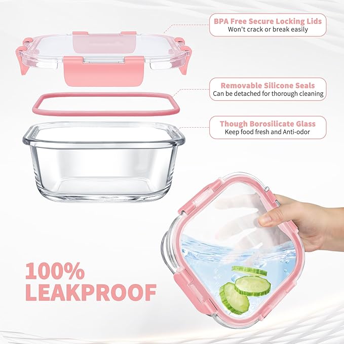 34pcs Glass Food Storage Containers with Lids Set, Airtight Glass Meal Prep Containers (17 Containers & 17 Lids), Leak Proof Lunch Containers BPA-Free, Microwave, Oven, Freezer, Dishwasher Safe-PINK