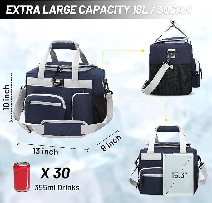 MIER Large Lunch Box for Men Women Adult Insulated Soft Sided Cooler 30 Can Leakproof Lunch Bag Collapsible for Work Travel Camping Beach, 18L (Blue-No Luggage Strap)
