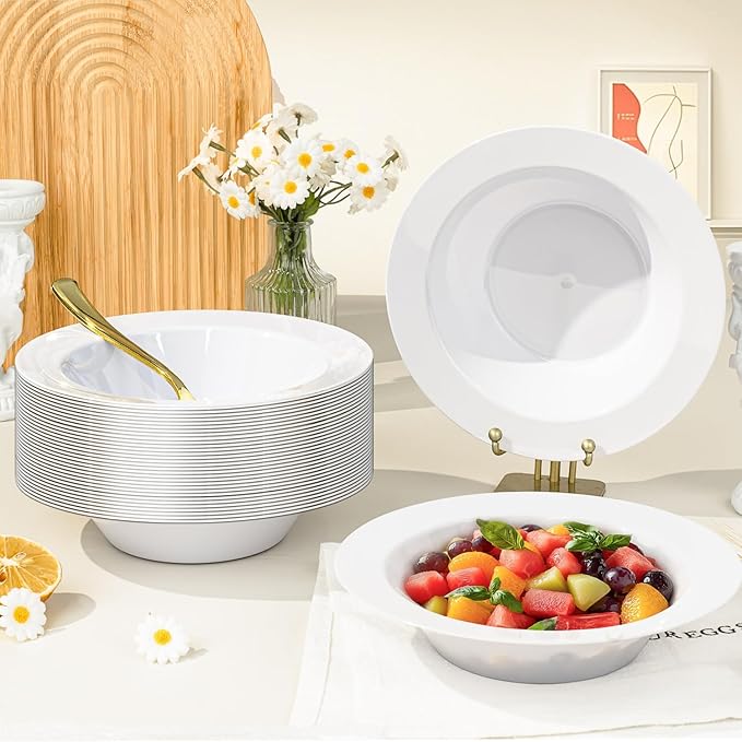 BESTVIP 50Pcs Plastic White Bowls, 12 Oz Disposable Bowls Disposable Bowls for Parties, Wedding, Christmas, Thanksgiving, Soak Proof Bowls for Breakfast, Lunch, and Dinner Meals