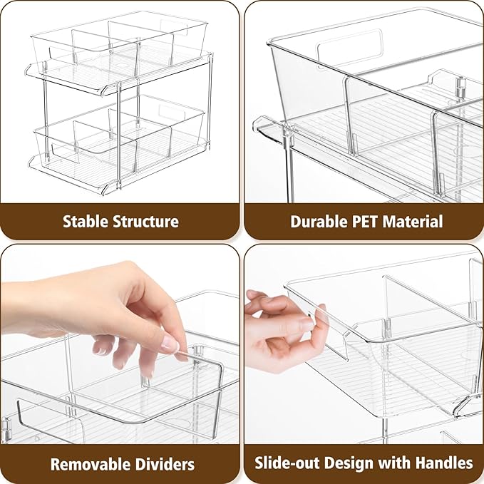 Pull-out Home Organizer, 3 Pack 2 Tier Clear Bathroom Organizer with Dividers, Multipurpose Vanity Counter Tray, Kitchen, Closet Organizers, Cabinet & Storage Container Bins