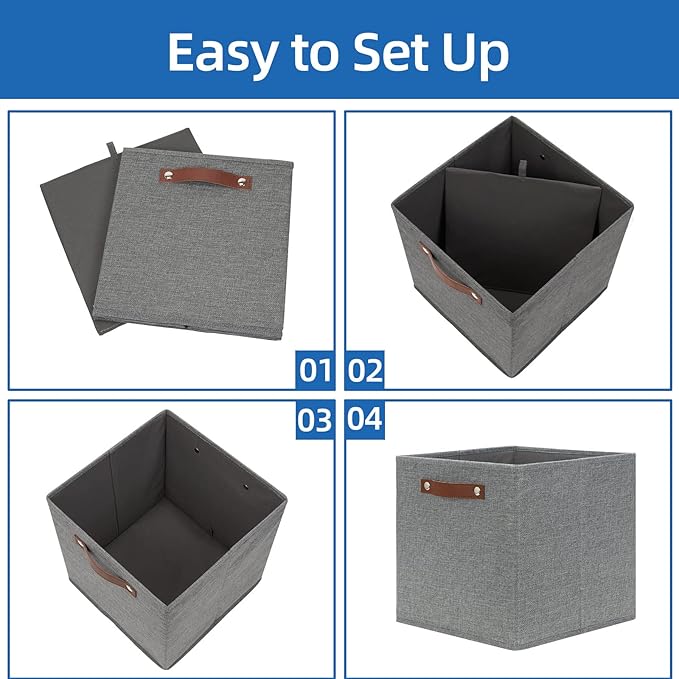 Temary 12x12 Storage Cube Bins 4 Pack Fabric Storage Cubes Storage Bins with Leather Handles, Storage Baskets Foldable Cube Organizers Bins for Home (Grey)