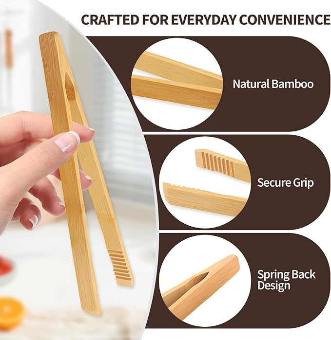 2 Pieces Natural Bamboo Toaster Tongs,9.8-Inch Long Bamboo Toast Tongs with Anti-slip Design,Heat-Resistant Tongs for Cooking and Serving