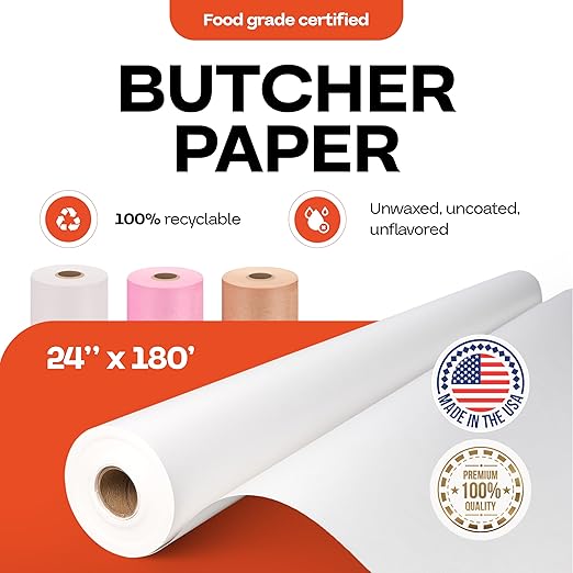 White Butcher Paper 24" x 2160" (180 feet) - USA-Made Natural Butcher Paper Roll for Meat and Fish - Uncoated, Unwaxed & Food-Grade Butcher Material for Smoker, Grilling & BBQ by IDL Packaging