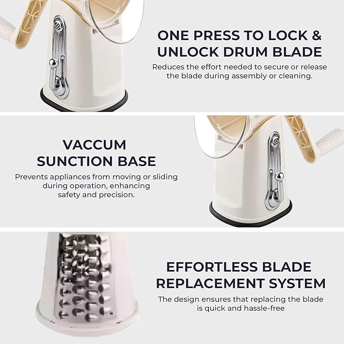 Chef Power Premium Quality 5 in 1 Cheese Grater Hand Crank - Stainless Steel Rotary Cheese Grater for Effortless Grating - Durable and Ergonomic Design for Professional and Home Use (Beige)