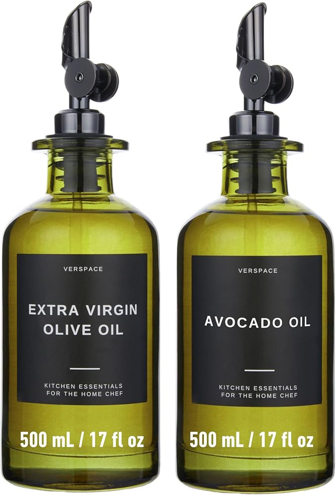 Green Glass Olive Oil Dispenser Bottles For Kitchen, Avocado Oil Dispenser Set, Modern Decor, Gold Kitchen Accessories for Home, Airbnb, Cafe (Black, Set of 2)