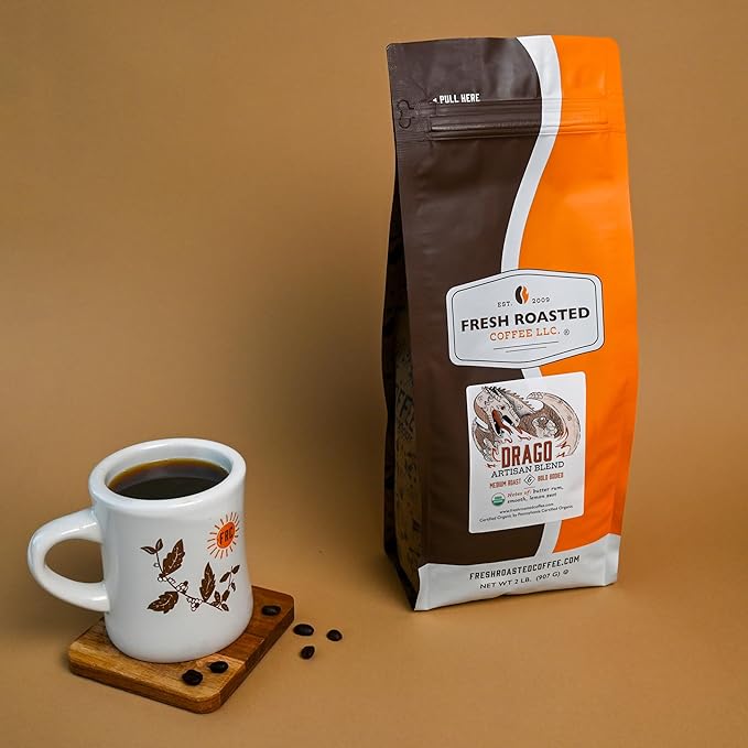 Fresh Roasted Coffee, Organic Drago Café Blend | USDA Organic, Kosher | Medium Roast 2 lb (32 oz) Whole Bean