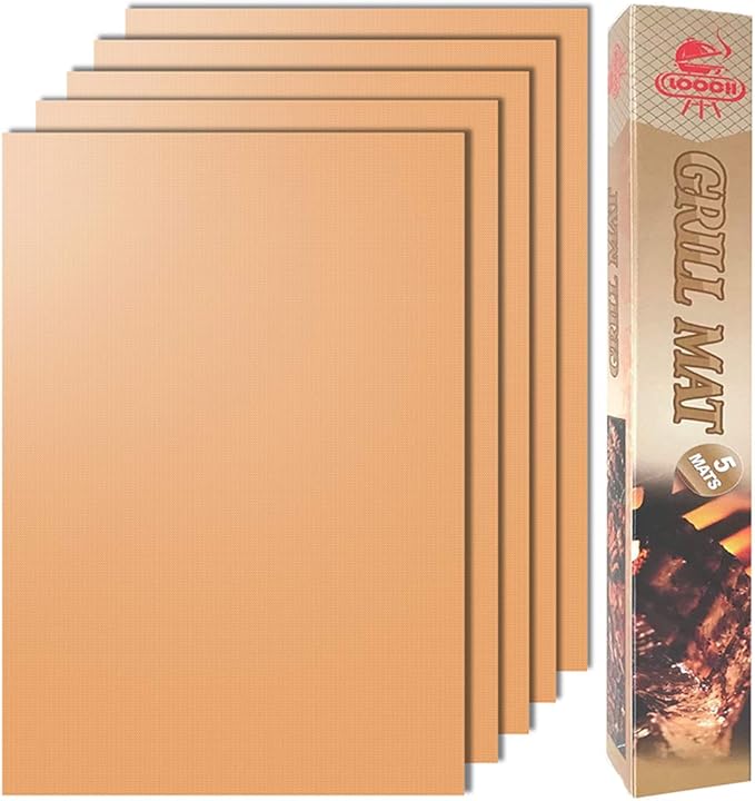 LOOCH Copper Grill Mat Set of 5 - Non-Stick BBQ Outdoor Grill & Baking Mats - Reusable and Easy to Clean - Works on Gas, Charcoal, Electric Grill and More - 15.75 x 13 Inch