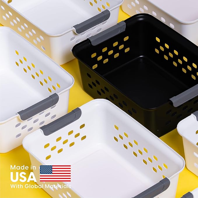 IRIS USA Plastic Basket, 6-Pack, Medium, Shelves Storage Basket for Organizing Pantry, Cabinet, Bedroom, Closet, Laundry Room, Office, Black