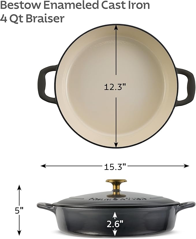 Tramontina Bestow Enameled Cast Iron Braiser Pan with Lid, 4-quart, Smoke with Gold Knob