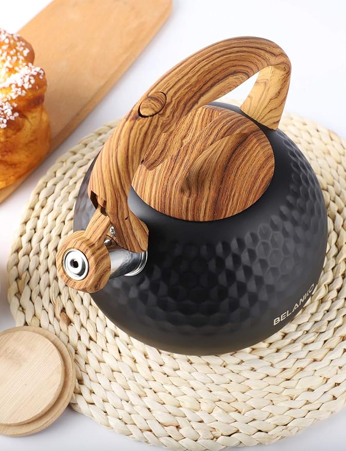 BELANKO 2.7 Quart Tea Kettle for Stovetop - Food Grade Stainless Steel with Diamond Texture, Designer Teapot Look, Cool-Touch Wood Pattern Handle, Whistling Spout - Matte Black