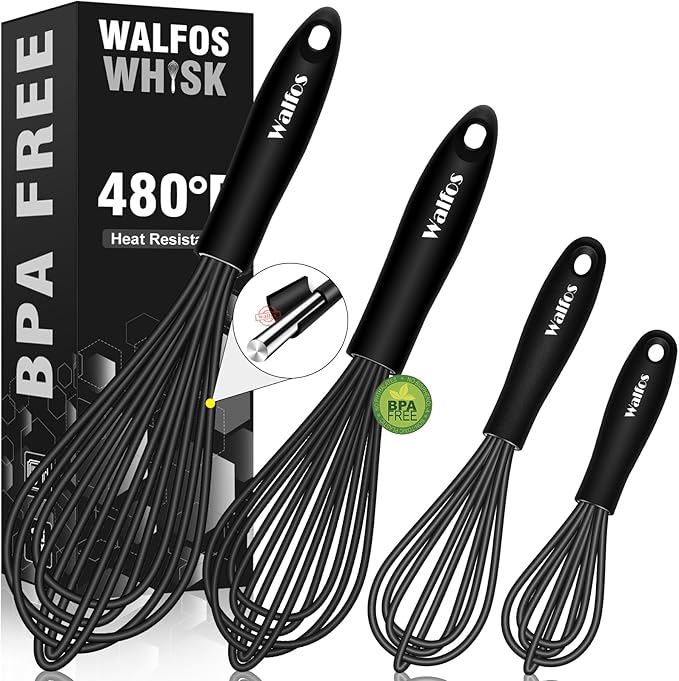 Walfos Whisk,Silicone Whisk Set of 4 Non-Scratch Silicone Coated Whisks for cooking.BPA Free and Dishwasher Safe 5+7+9+11in wisk Nice for Blending Beating Stirring and Mixing (Black）