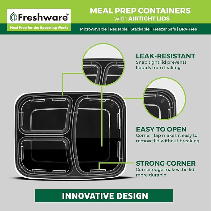 Freshware Meal Prep Containers [150 Pack] 3 Compartment with Lids, Food Storage Containers, Bento Box, BPA Free, Stackable, Microwave/Dishwasher/Freezer Safe (24 oz)