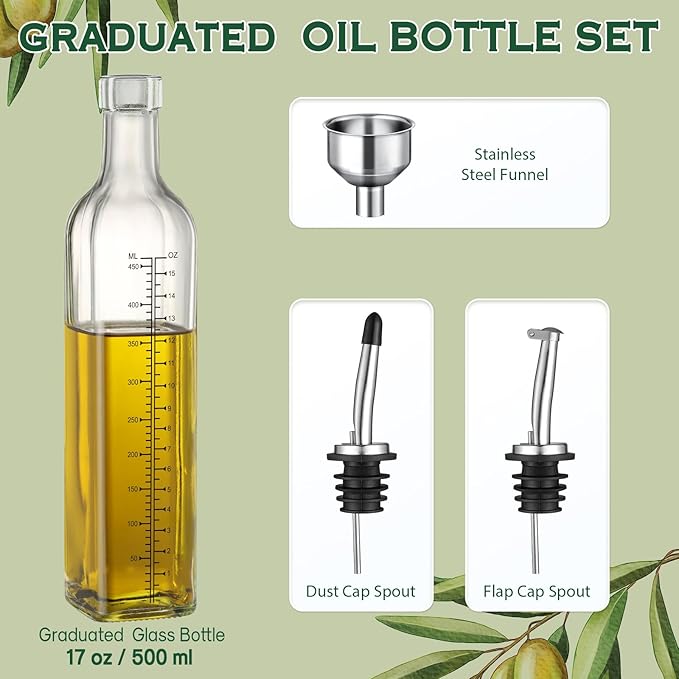 AOZITA 17oz Glass Olive Oil Dispenser Bottle - 500ml Clear -Oil & Vinegar Cruet with Pourers and Funnel - Olive Oil Carafe Decanter for Kitchen
