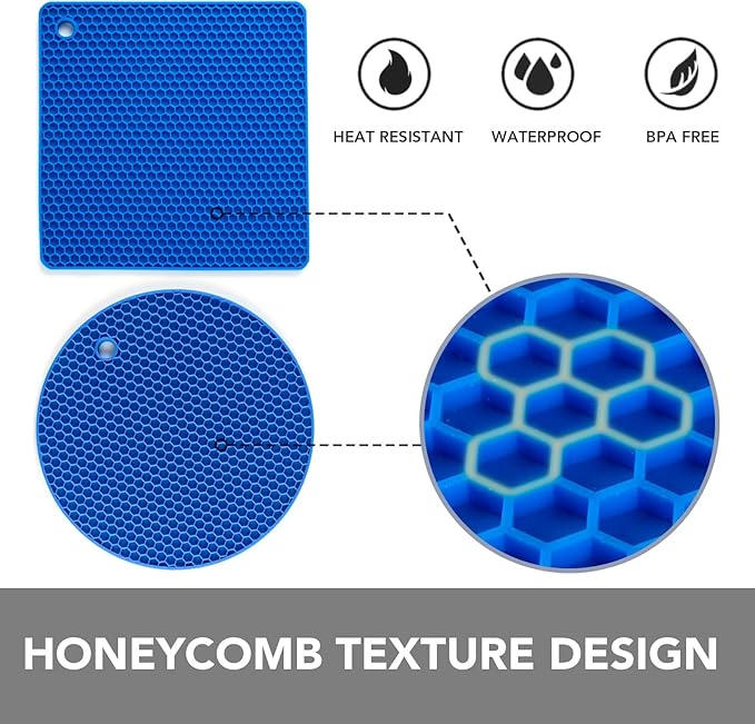 Joyhalo Trivets for Hot Dishes - Hot Pads for Kitchen, Silicone Pot Holders for Hot Pots and Pans, Silicone Mats for Kitchen Countertops, Table, Flexible Easy to Wash and Dry, True Blue