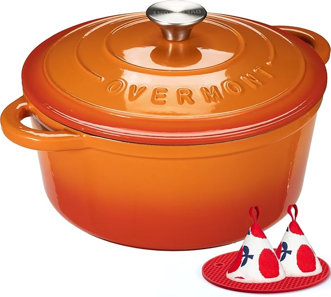 Overmont Enameled Cast Iron Dutch Oven - 4.5QT Pot with Lid Cookbook & Cotton Potholders - Heavy-Duty Cookware for Braising, Stews, Roasting, Bread Baking orange