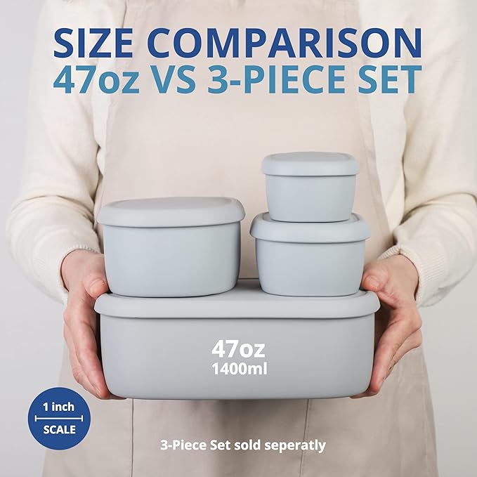BLUE GINKGO Nesting Silicone Containers - Large Silicone Food Storage Container | BPA Free, Airtight, Dishwasher and Freezer Safe (47.5 oz) - Grey