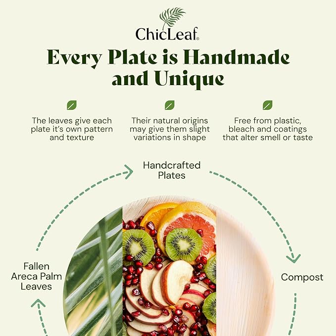 Chic Leaf Disposable Palm Leaf Plates - 50 Count, 8" Square, Natural - Bamboo Plates Disposable, Biodegradable & Compostable - Microwave Safe & Heavy Duty - Event & Party Supplies - Wedding Decor