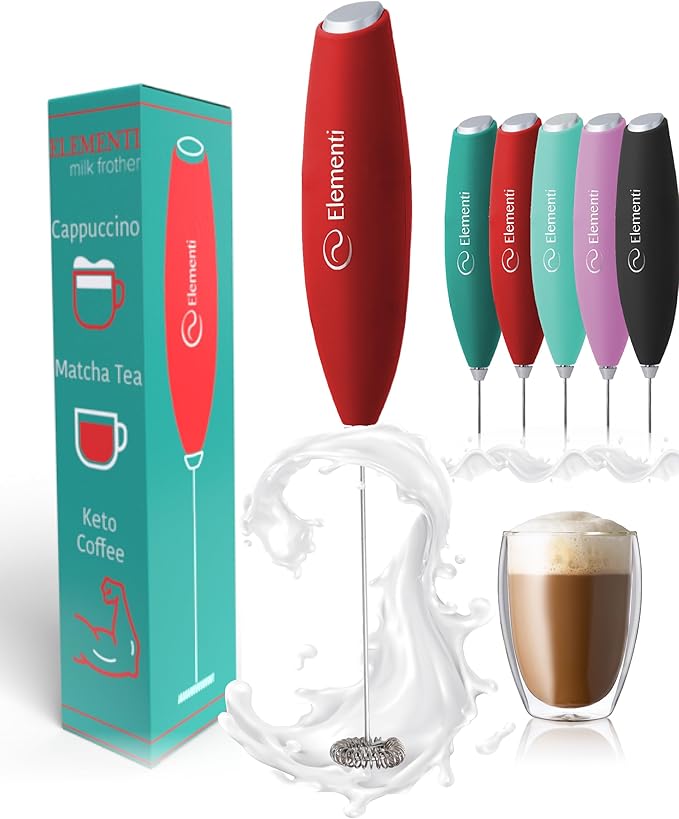 Elementi Milk Frother Handheld - Wisking Tool Electric - Hand Frother for Coffee - Electric Stirrer & Mini Mixer - Drink Mixer Handheld Coffee Whisk (Red)