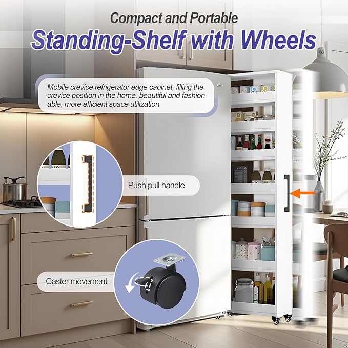 7-Tier Slim Storage Cart, Wooden Rolling Pantry Cabinet with Wheels, Narrow Shelf Organizer for Kitchen, Bakers Rack, Dining Room, Closet, Small Spaces Light Walnut 73.2''H*5.9''W*23.6''D