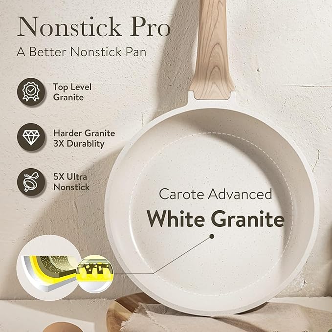 CAROTE Non Stick Frying Pan Skillet, Omelet Pan, Healthy Non Toxic Granite Chef Pan, Induction Compatible Egg Frying Pan with Heat-Resistant Handle, PFOA-Free, Cream White, 12"