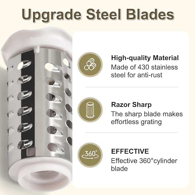 Cheese Grater with Hand Crank - 3 Adjustable Grating Drums for Parmesan & Hard Cheeses - Shatter-Resistant & Easy to Clean