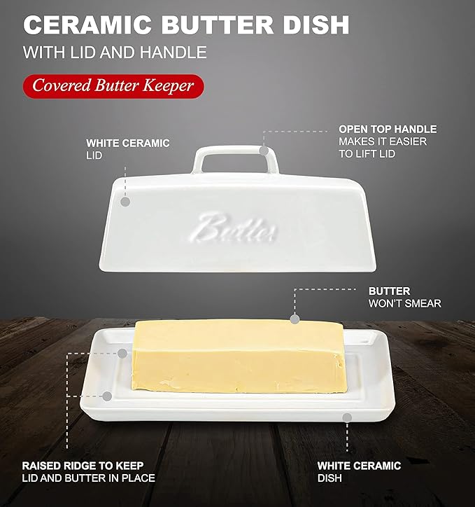 Bruntmor Ceramic Butter Dish With Lid. Butter Holder/ Tray/ Storage With Lid And Handle. Porcelain Butter Keeper For Countertop. Butter Dish With Cover In White Color.