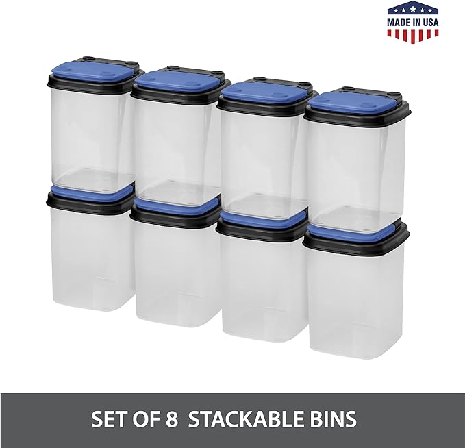 Buddeez Multi-Purpose Hardware Storage Bins Bits and Bolts Small Storage Containers, Hardware Organizers, Clear Containers With Blue Stackable Lids, Bolt and Screw Organizer (1 Quart - 8 Pack)