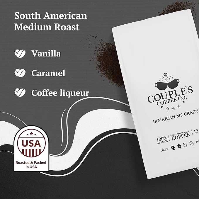 Couple’s Coffee Ground Coffee | Gives Back to Military Families | Jamaican Me Crazy | Vanilla, Caramel, and Rum Flavored Coffee | Made with 100% Arabica Beans | 12oz bag brews about 34 cups