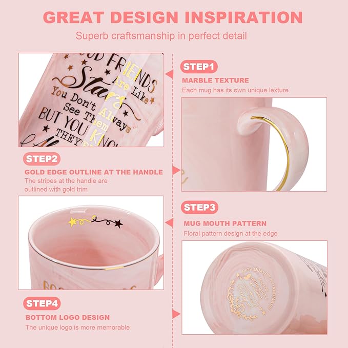 Best Friend Birthday Gifts for Women, Friendship Gifts for Women, Unique Birthday Gift Ideas for Her, Friends Female, Besties, BFF Ceramic Marble Coffee Mug Gift Box Printed Gold 14 oz