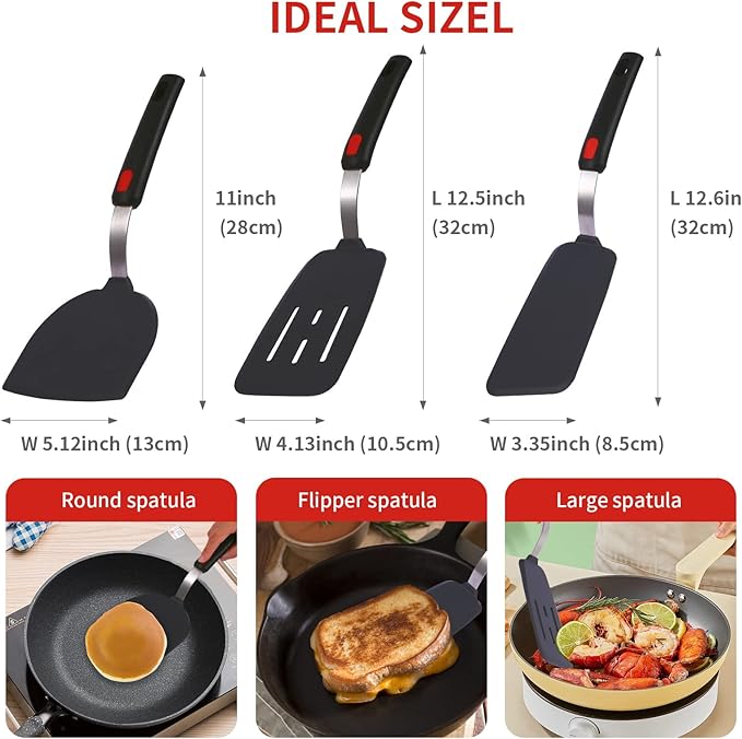 Kitchen Cooking Utensils Large Silicone Spatulas Turner Heat Resistant 3-Pack Set For Nonstick Cookware,BPA-Free Rubber Thin Slotted Flexible Flipper Spatula for Egg,Pancake,Fish,Cookie,Steak