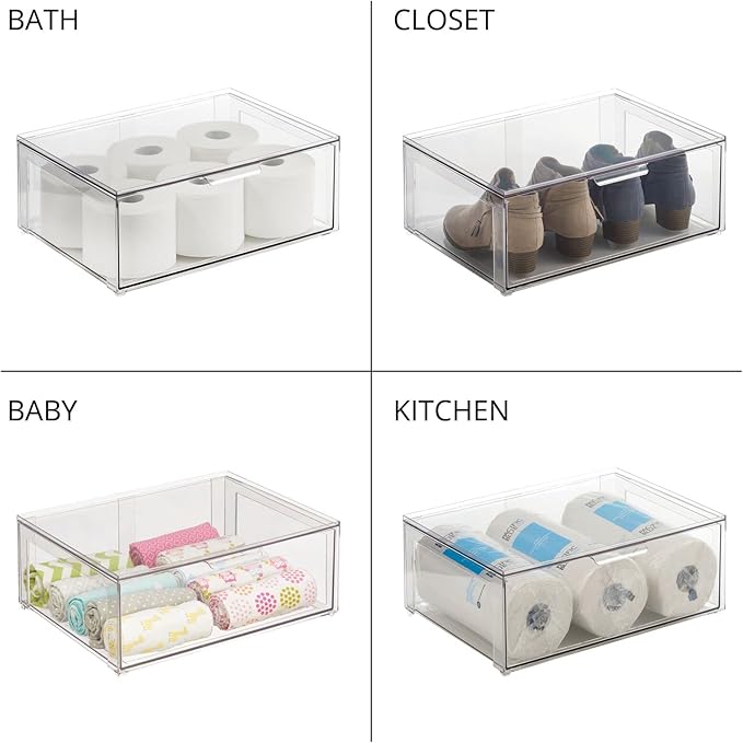 mDesign Plastic Stackable Kitchen Storage Organizer Bin Containers with Front Pull Drawer for Cabinet, Pantry, Fridge, Freezer, Shelf, Refrigerator Organization - Lumiere Collection - Clear