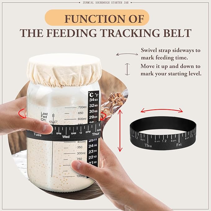 Sourdough Starter Jar, 34OZ Sourdough Starter Kit with Date Marked Feeding Band, Thermometer Cloth Cover, Metal Lid, Reusable Sourdough Bread Baking Supplies, Home Baking Gifts