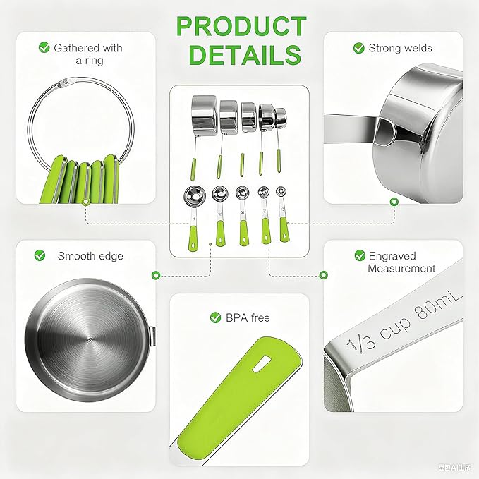 Measuring Cups and Spoons Set Stainless Steel 10 Piece for Cooking and Baking (5 Cups + 5 Spoons, Green Handle)