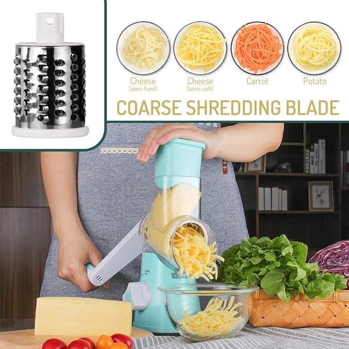 Rotary Cheese Grater with Handle Vegetable Shredder Round Kitchen Slicer Mandoline Grater for Vegetable, Nuts, Chocolate, Cheese, White, 3 Stainless Steel Blades