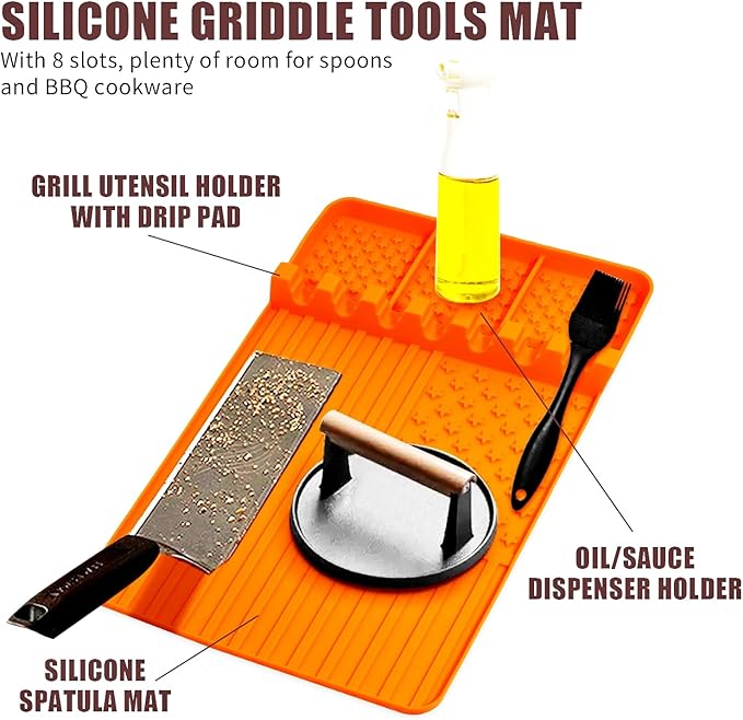 2 PCS Silicone Griddle Tools Mat for Blackstone,Grill BBQ Caddy Utensils Holder for Kitchen,Cooking & Countertop,Large Spatula Mat with Drip Pad,Griddle Accessories for Blackstone (Orange-2)