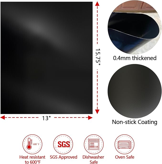 UBeesize 2 Pack 0.4mm Extra Thick 600 Degree Non Stick BBQ Grill Mat & Baking Mats, Dishwasher Safe, Easy To Clean, Black
