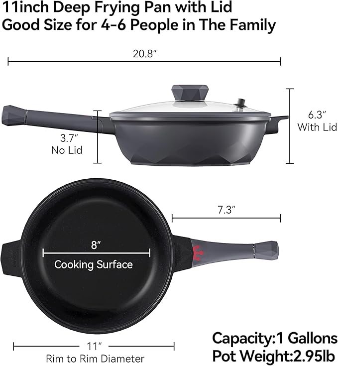 TIBORANG Nonstick Frying Pan, 5 Quart Large Wok, Deep Skillet With Lid, Stay-Cool Handle, Steamed Grid, PFOA-Free, Dishwasher & Oven Safe, Works With All Stovetops (Charcoal)