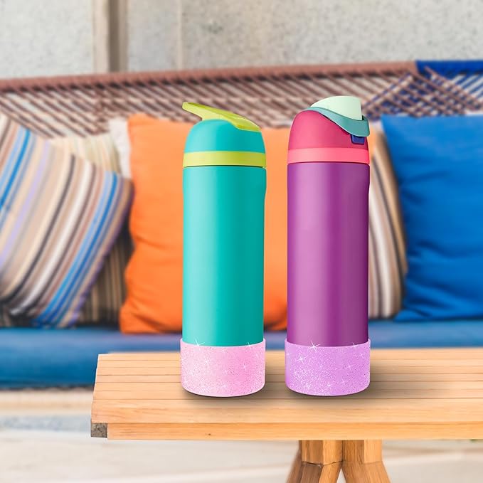 2PCS Silicone Water Bottle Boot for Owala 24oz, Protective Bottom Bumper Anti-Slip Sleeve for FreeSip, Twist, and Flip Stainless Steel Bottles, Dishwasher Safe and BPA Free(Shiny Purple Pink)