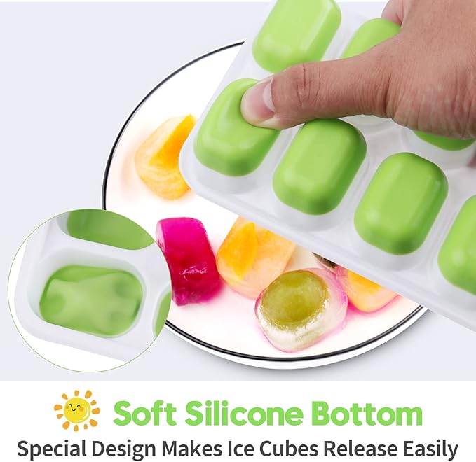 Silicone Ice Cube Tray, Jrisbo 4 Pack Easy-Release & Flexible 14-Ice Cube Trays with Spill-Resistant Removable Lid, Stackable Ice Trays with Covers for Freezer, Cocktail (Green)