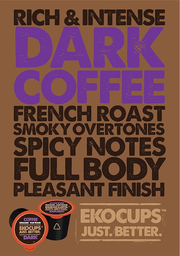 EKOCUPS Organic Dark Roast Coffee Pods, Strong Bold Dark Roast Flavor - USDA Certified Organic - Single Serve Cups for Keurig K Cups Coffee Makers, Box of 40 Recyclable Capsules