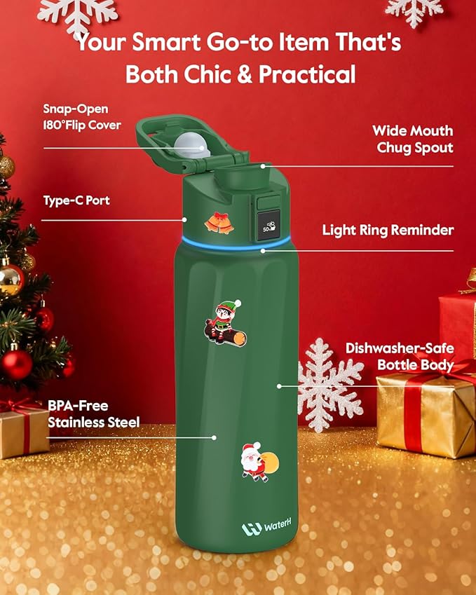 BOOST Smart Water Bottle with Reminder & Tracker, 32oz Vacuum Insulated Bottles Stainless Steel, BPA-Free, Wide Mouth, Ideal Gift for Men, Women, Christmas, Thanksgiving Day, Gym, Office, School