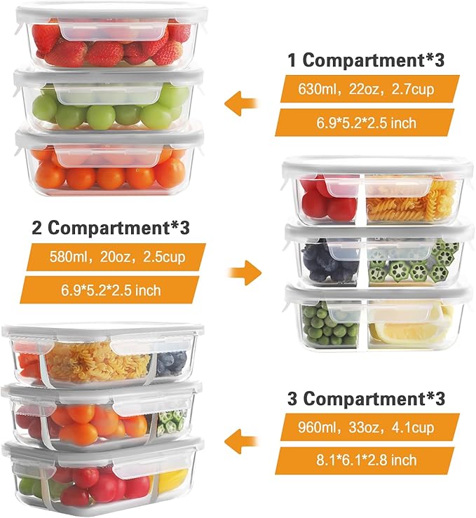 Bayco 9 Pack Glass Meal Prep Containers - 3, 2 & 1 Compartment Glass Food Storage Containers with Lids, Airtight & Leak Proof BPA-Free Lunch Bento Boxes - Grey