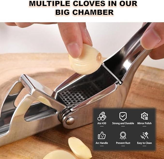 Croomi Garlic Press Stainless Steel - Premium Professional Mincer Tool - Rust Proof & Dishwasher Safe - Garlic Presser & Masher - Ginger Crusher with Soft Ergonomic Handle - Easy to Squeeze & Clean