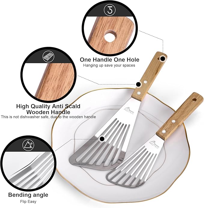 HOTEC 2pcs Stainless Steel Wooden Handle Fish Spatula, Metal Spatula Flipping Foods