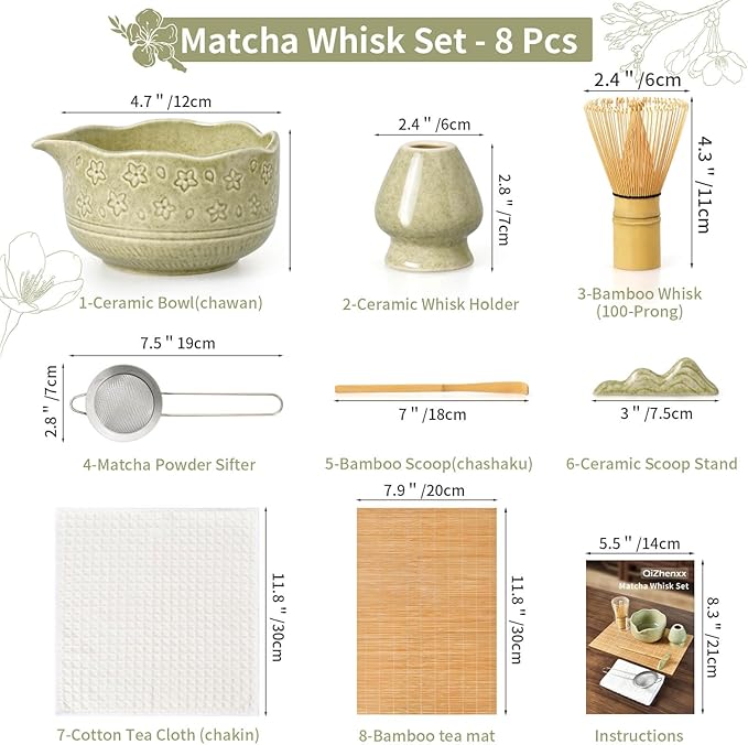 Matcha Whisk Set - Complete 8-Piece Japanese Tea Making Kit With Ceramic Bowl (Chawan), Bamboo Whisk (Chasen), Sifter, Scoop, Holder & Guide - Ideal Gift For Tea Enthusiasts (Mottled Green)