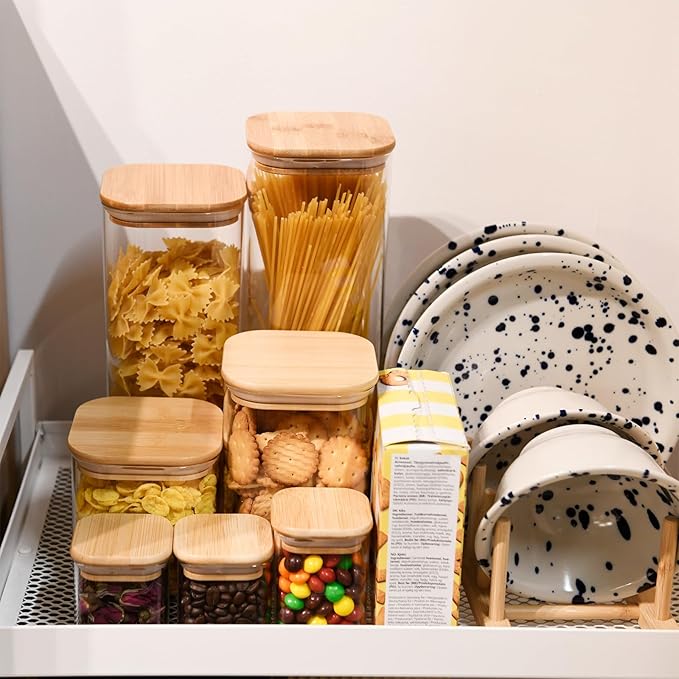 Glass Food Storage Jars Square 8oz, 12 Pack Glass Jars With Bamboo Lids, Kitchen Storage Containers For Spice, Candy, Cookie, Storage For Pantry Organizers