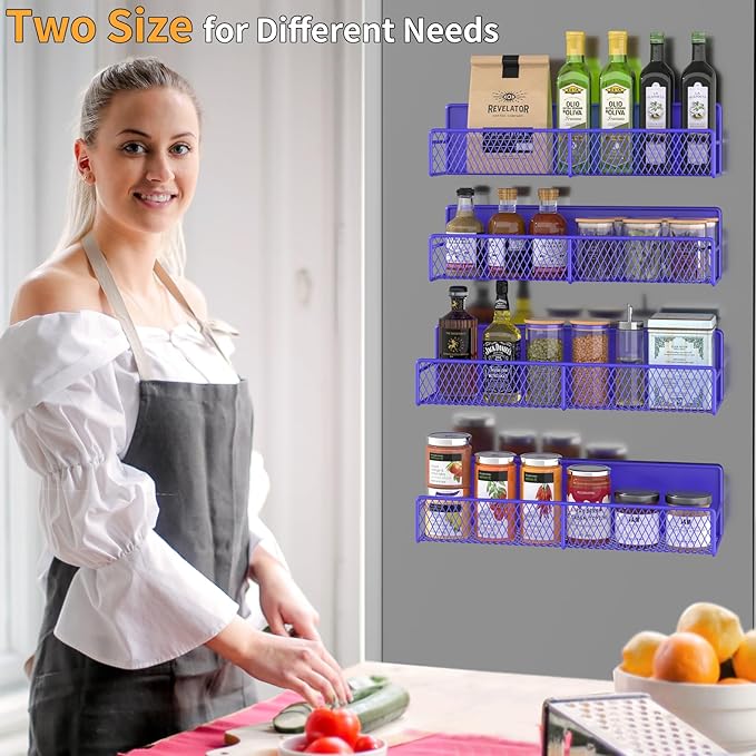 Magnetic Spice Rack for Refrigerator, 4 Pack 100% Metal Strong Magnet Fridge Shelves, Space Saving Spice Organizer, No Drilling Home Kitchen Laundry Room Storage Organization, Purple Blue